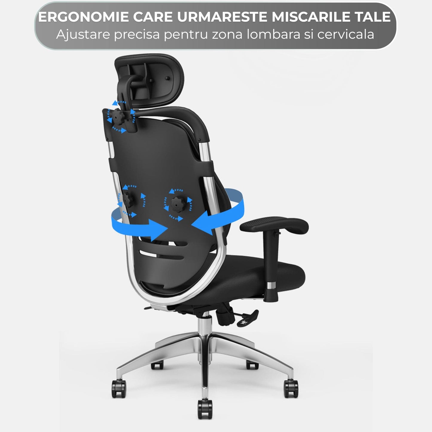 Scaun Ergonomic de Birou Timebox – Design Bi-Spine Inteligent, Tetiera Reglabila 3D, Suport Lombar, Cotiere 3D, Spatar Din Piele Premium si Cadru Metalic, Manere Rotative, Negru