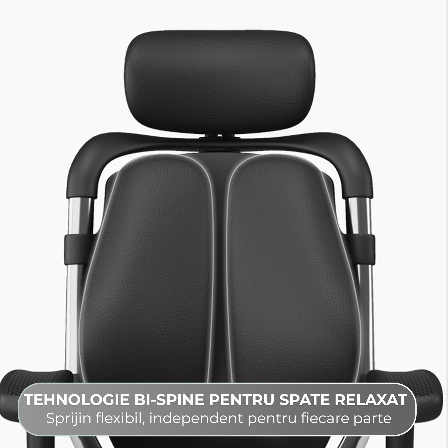 Scaun Ergonomic de Birou Timebox – Design Bi-Spine Inteligent, Tetiera Reglabila 3D, Suport Lombar, Cotiere 3D, Spatar Din Piele Premium si Cadru Metalic, Manere Rotative, Negru