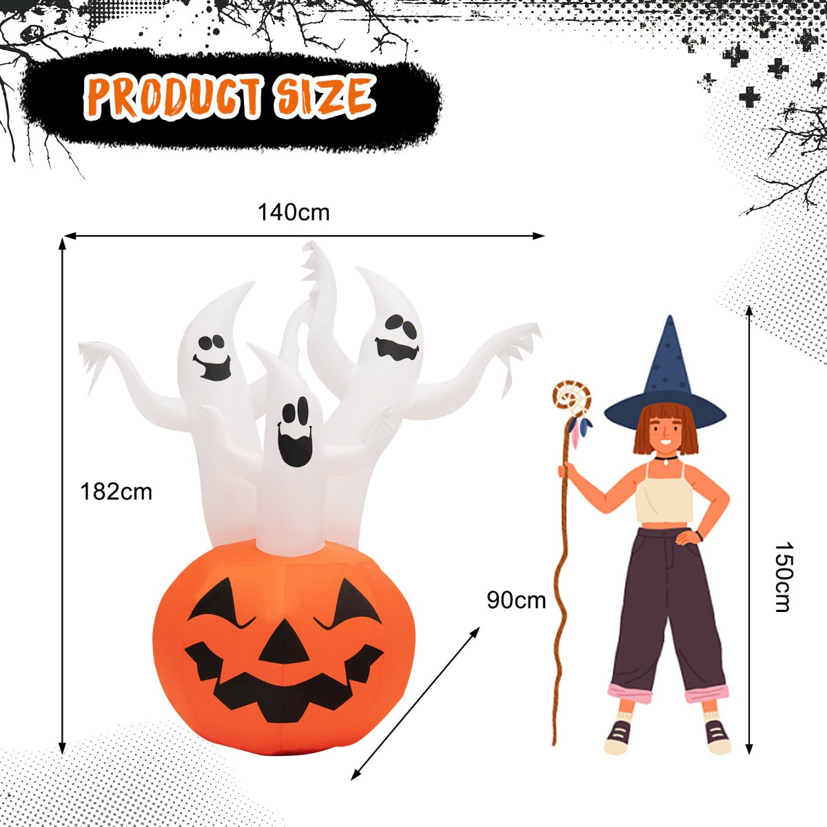 NNECW 182CM Halloween Blow Up Pumpkin and Ghost Combo with Built-in LED & Blower-3