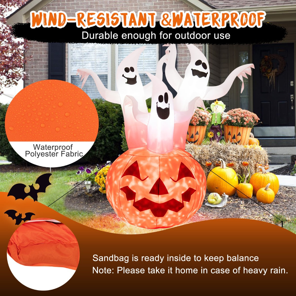 NNECW 182CM Halloween Blow Up Pumpkin and Ghost Combo with Built-in LED & Blower-2