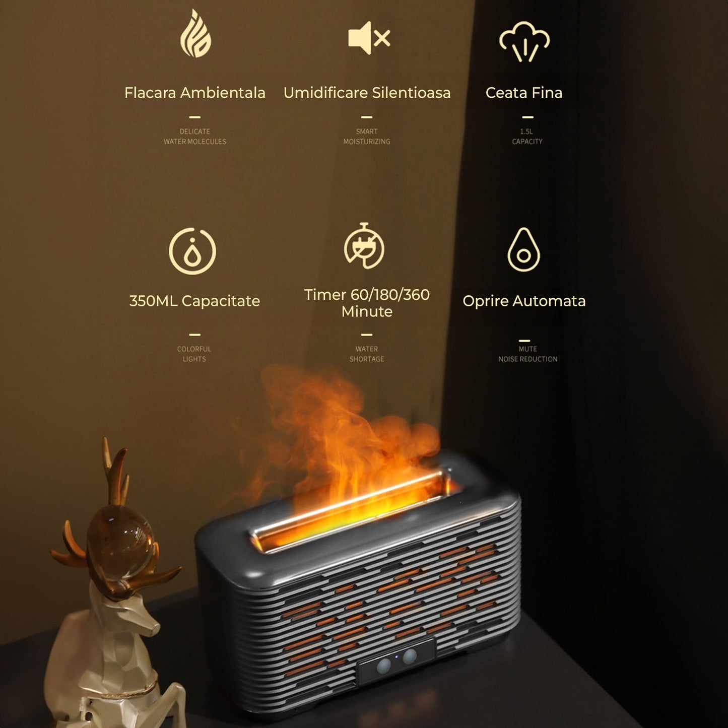 Umidificator Aromaterapie, Difuzor de ulei esential, Capacitate 350ml, functie difuzor, 2 lumini de noapte, Auto-oprire, Temporizator, pentru camera, birou, dormitor, Gri